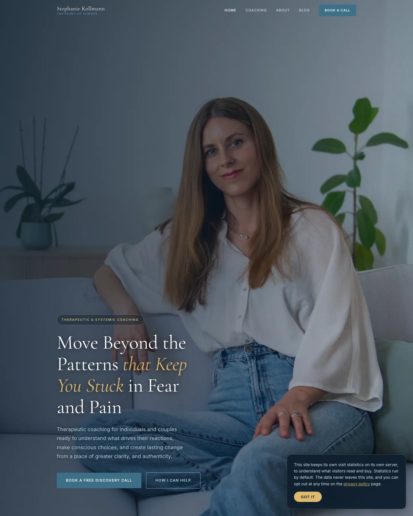 The new Stephanie Kollmann website: one coaching page, credentials visible above the fold, and a single consistent call to action