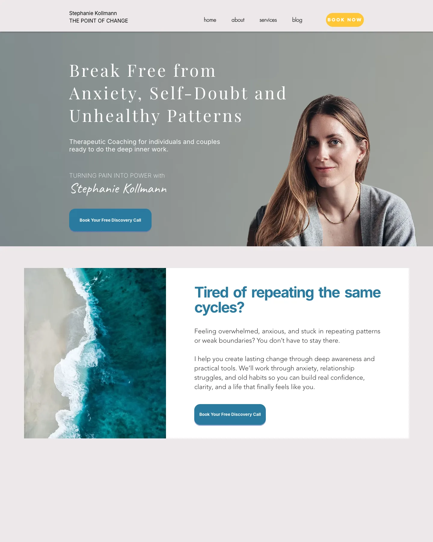 The previous Stephanie Kollmann website: a coaching homepage with services split across three named pages
